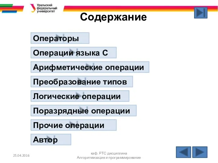 Содержание 25.04.2016 каф. РТС дисциплина Алгоритмизация и программирование Операторы Операции языка