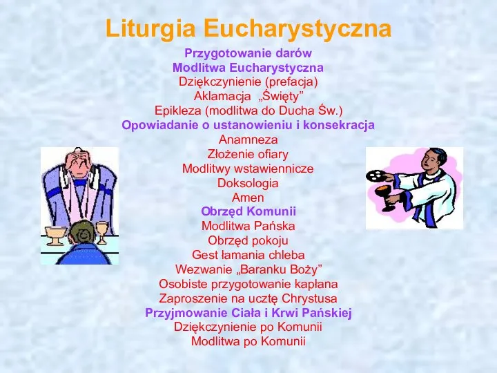 Liturgia Eucharystyczna Przygotowanie darów Modlitwa Eucharystyczna Dziękczynienie (prefacja) Aklamacja „Święty” Epikleza