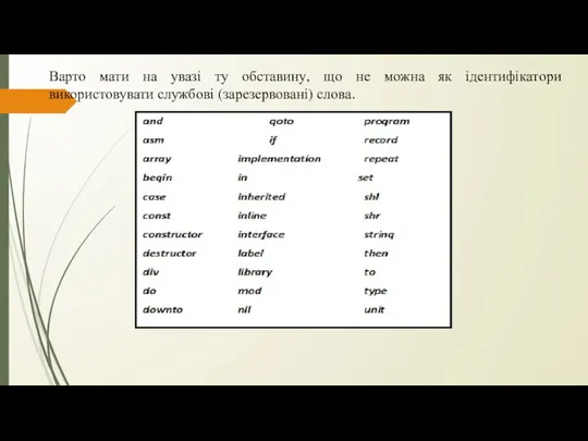 Варто мати на увазі ту обставину, що не можна як ідентифікатори використовувати службові (зарезервовані) слова.