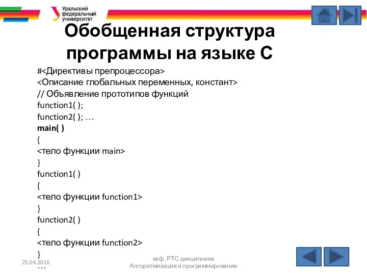 25.04.2016 каф. РТС дисциплина Алгоритмизация и программирование Обобщенная структура программы на