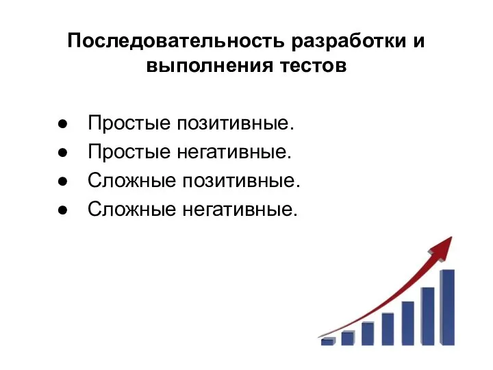 Последовательность разработки и выполнения тестов Простые позитивные. Простые негативные. Сложные позитивные. Сложные негативные.