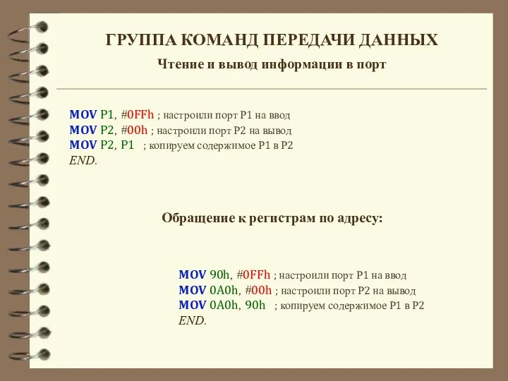 ГРУППА КОМАНД ПЕРЕДАЧИ ДАННЫХ Чтение и вывод информации в порт MOV