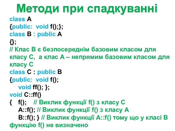 Методи при спадкуванні class A {public: void f();}; class B :