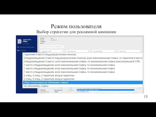 Режим пользователя Выбор стратегии для рекламной кампании