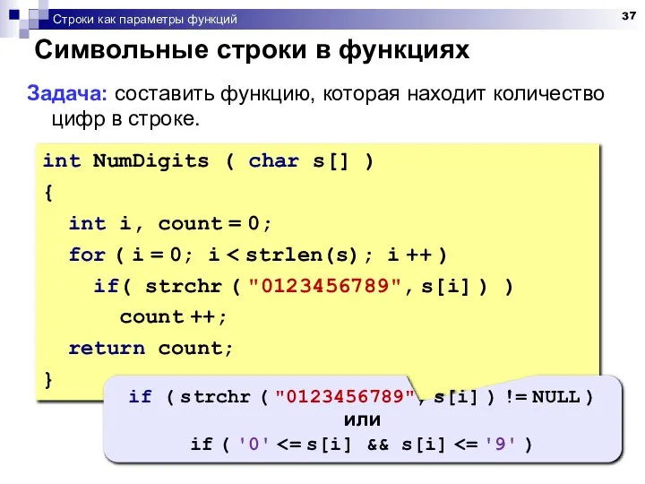 Строки как параметры функций Символьные строки в функциях Задача: составить функцию,