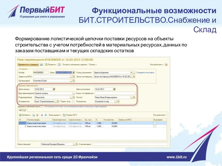 Формирование логистической цепочки поставки ресурсов на объекты строительства с учетом потребностей