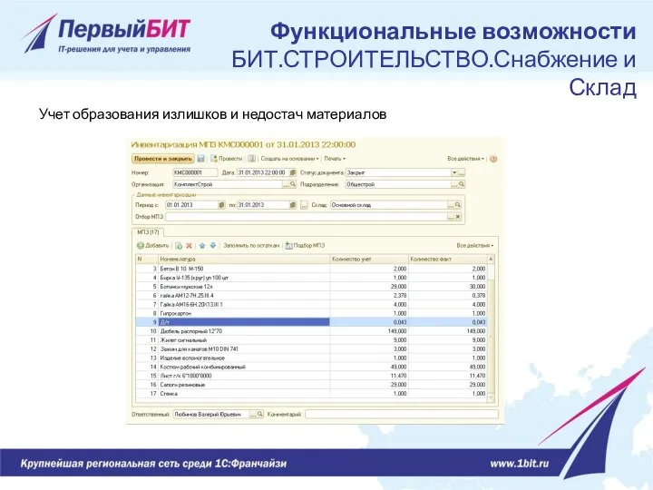 Учет образования излишков и недостач материалов Функциональные возможности БИТ.СТРОИТЕЛЬСТВО.Снабжение и Склад