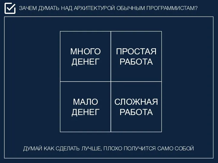 ЗАЧЕМ ДУМАТЬ НАД АРХИТЕКТУРОЙ ОБЫЧНЫМ ПРОГРАММИСТАМ? ДУМАЙ КАК СДЕЛАТЬ ЛУЧШЕ, ПЛОХО ПОЛУЧИТСЯ САМО СОБОЙ