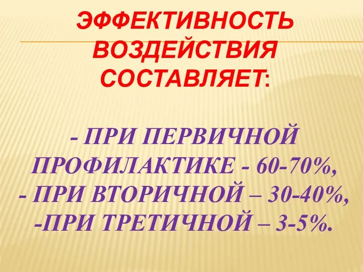 ЭФФЕКТИВНОСТЬ ВОЗДЕЙСТВИЯ СОСТАВЛЯЕТ: - ПРИ ПЕРВИЧНОЙ ПРОФИЛАКТИКЕ - 60-70%, - ПРИ