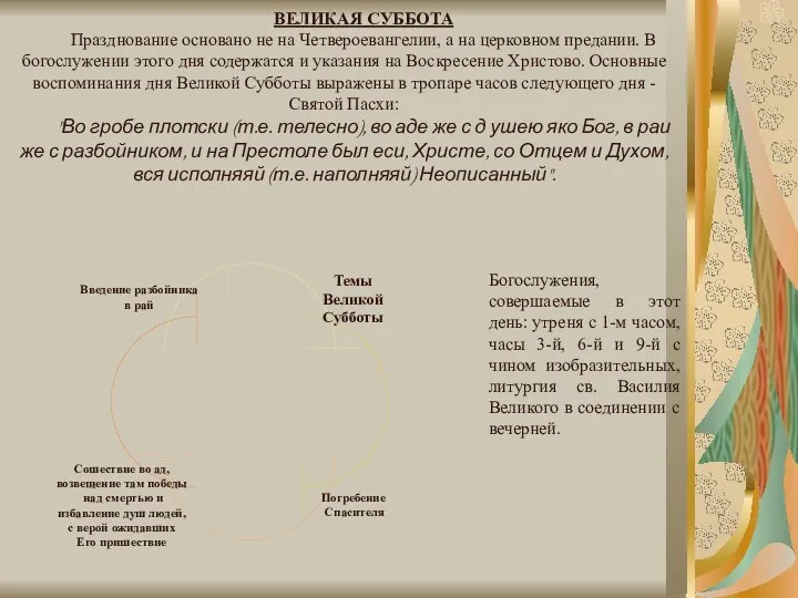 ВЕЛИКАЯ СУББОТА Празднование основано не на Четвероевангелии, а на церковном предании.