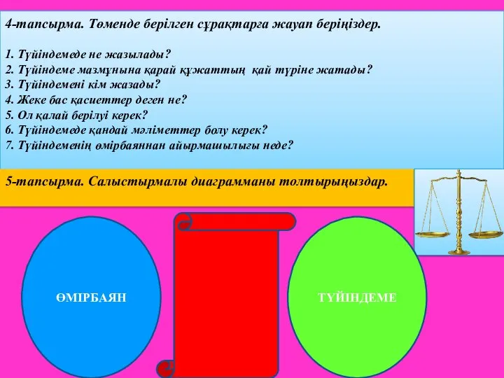 4-тапсырма. Төменде берілген сұрақтарға жауап беріңіздер. 1. Түйіндемеде не жазылады? 2.