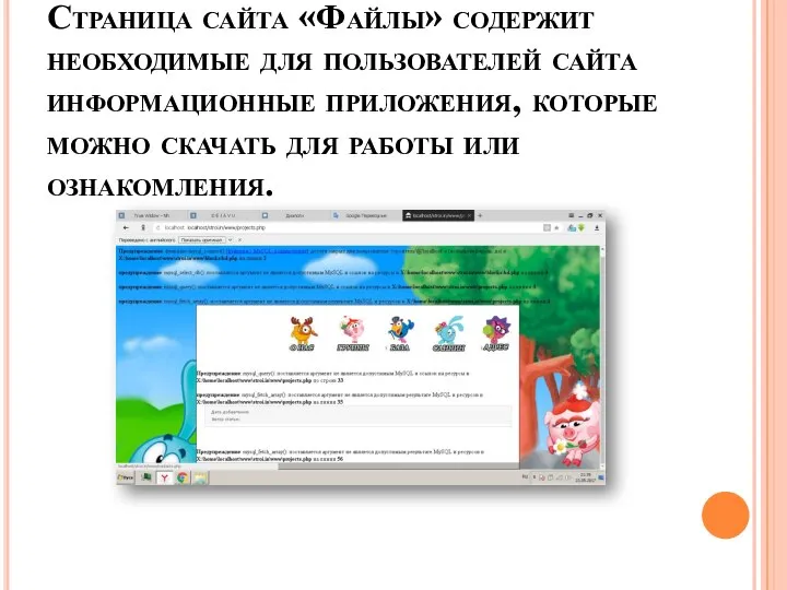 Страница сайта «Файлы» содержит необходимые для пользователей сайта информационные приложения, которые