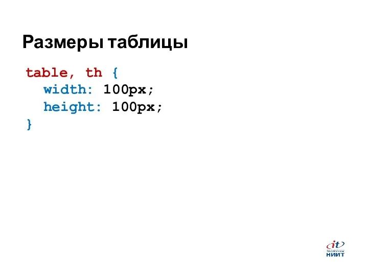 Размеры таблицы table, th { width: 100px; height: 100px; }