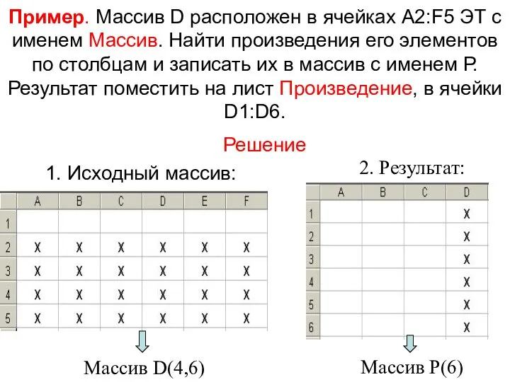 Пример. Массив D расположен в ячейках A2:F5 ЭТ с именем Массив.