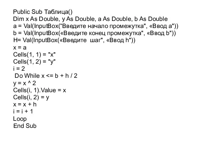 Public Sub Таблица() Dim x As Double, y As Double, a