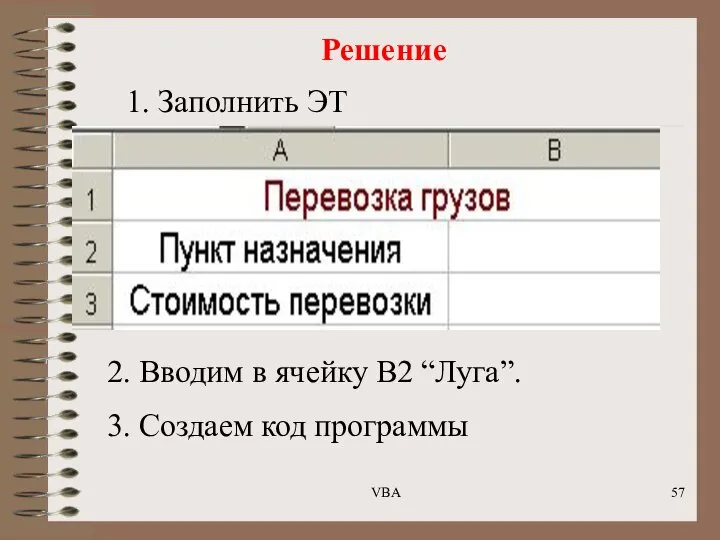 Решение 1. Заполнить ЭТ 2. Вводим в ячейку В2 “Луга”. 3. Создаем код программы VBA