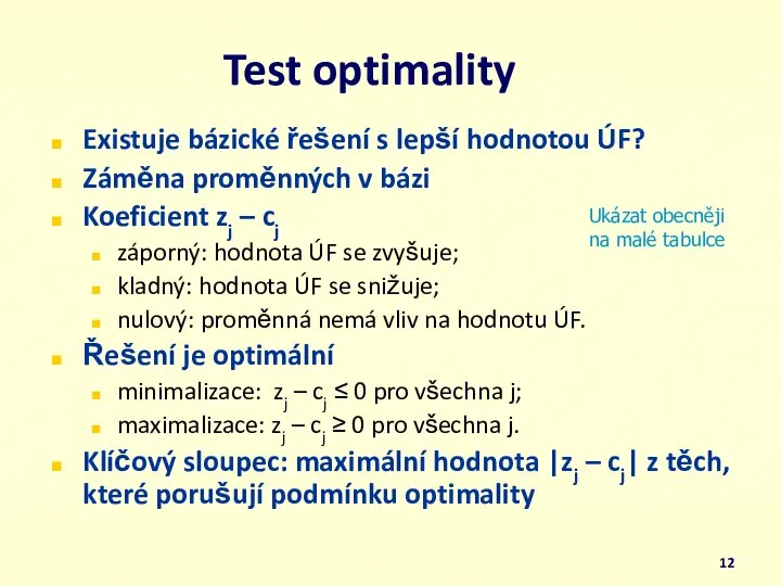 Test optimality Existuje bázické řešení s lepší hodnotou ÚF? Záměna proměnných