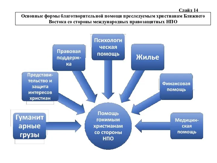 Слайд 14 Основные формы благотворительной помощи преследуемым христианам Ближнего Востока со стороны международных правозащитных НПО