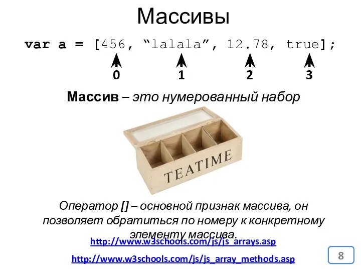 Массивы Массив – это нумерованный набор переменных. var a = [456,