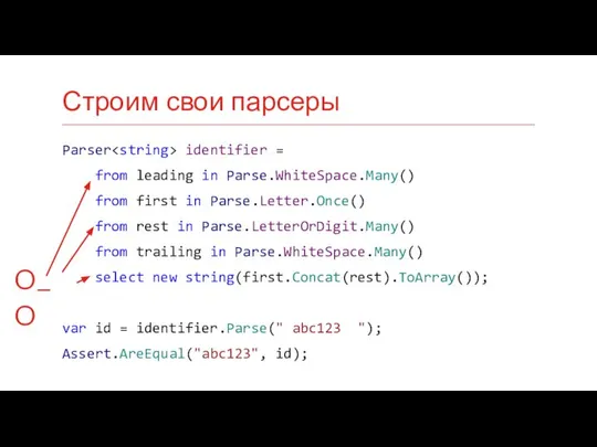 Parser identifier = from leading in Parse.WhiteSpace.Many() from first in Parse.Letter.Once()