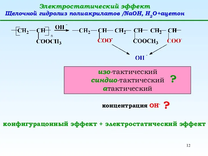 Электростатический эффект Щелочной гидролиз полиакрилатов /NaOH, H2O+ацетон изо-тактический синдио-тактический атактический ?