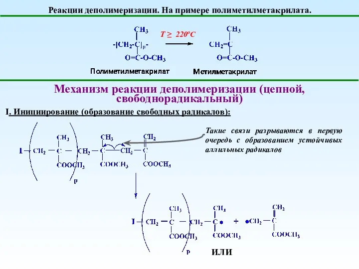 Реакции деполимеризации. На примере полиметилметакрилата. Т ≥ 220оС Механизм реакции деполимеризации