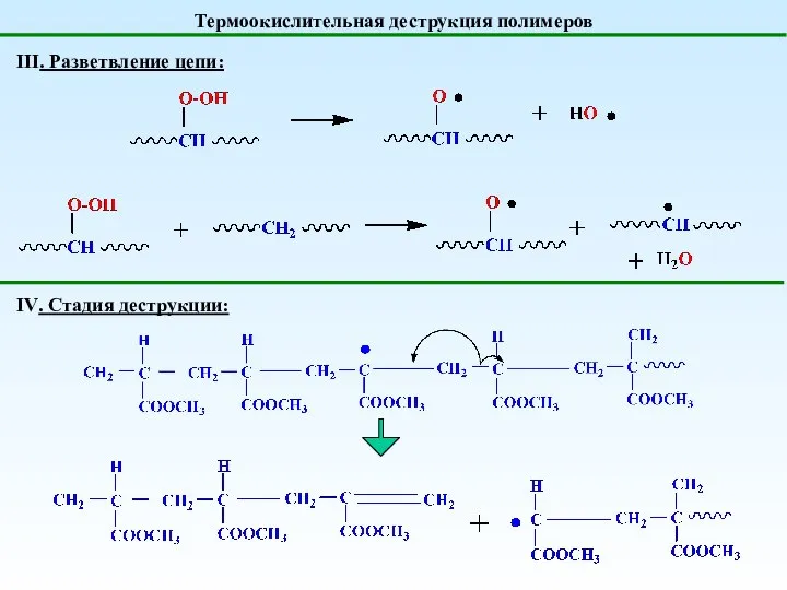 Термоокислительная деструкция полимеров III. Разветвление цепи: IV. Стадия деструкции: