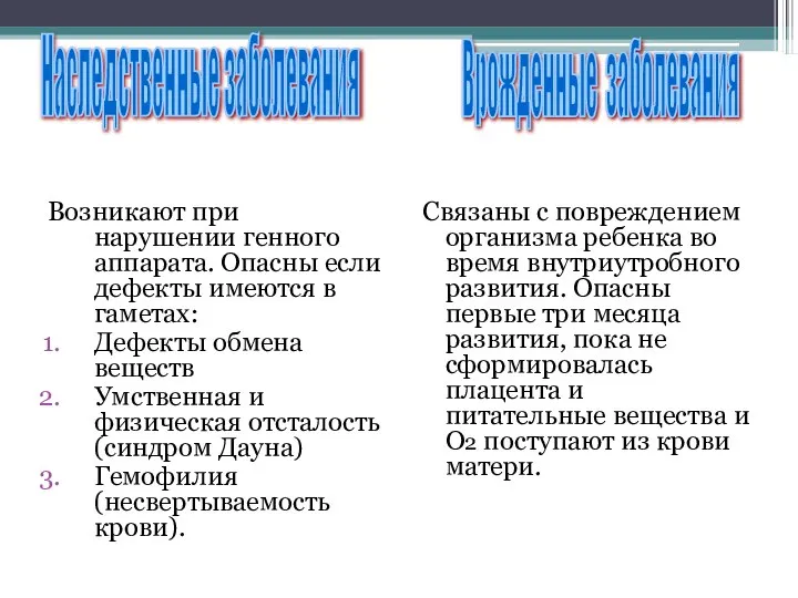 Возникают при нарушении генного аппарата. Опасны если дефекты имеются в гаметах: