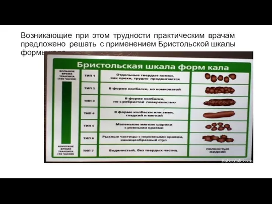 Возникающие при этом трудности практическим врачам предложено решать с применением Бристольской шкалы формы кала