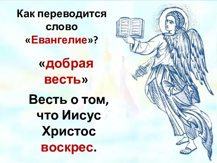 Как переводится слово «Евангелие»? «добрая весть» Весть о том, что Иисус Христос воскрес.