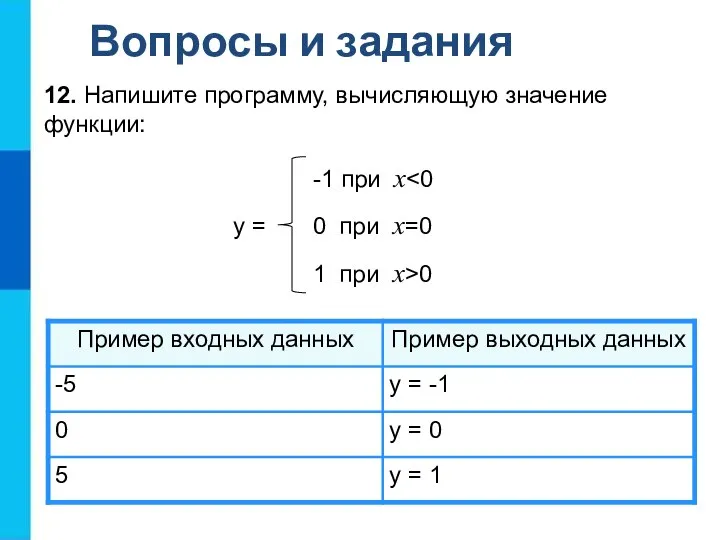 Вопросы и задания 12. Напишите программу, вычисляющую значение функции: -1 при