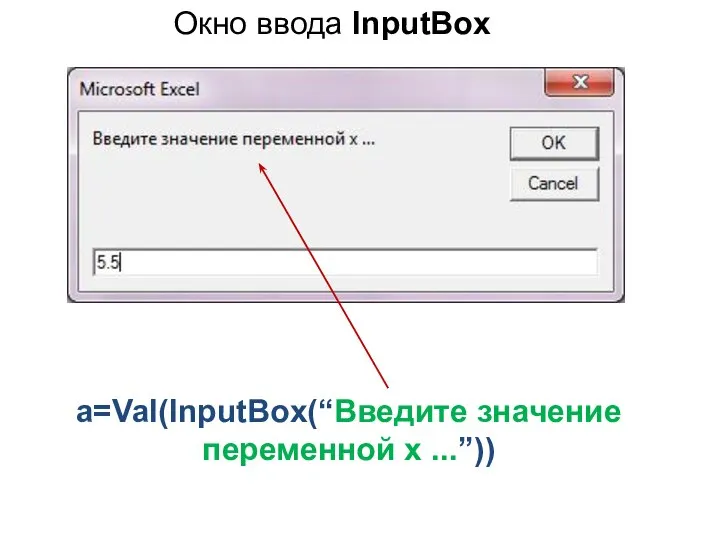 a=Val(InputBox(“Введите значение переменной x ...”)) Окно ввода InputBox