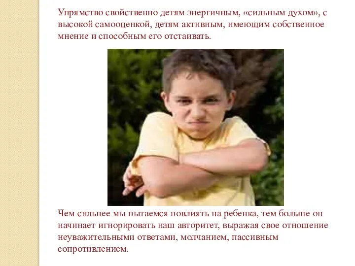 Упрямство свойственно детям энергичным, «сильным духом», с высокой самооценкой, детям активным,