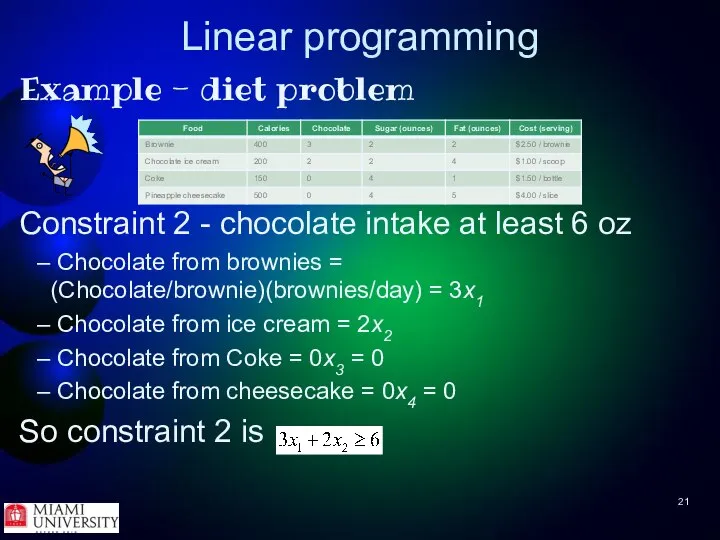 Linear programming Example - diet problem Constraint 2 - chocolate intake
