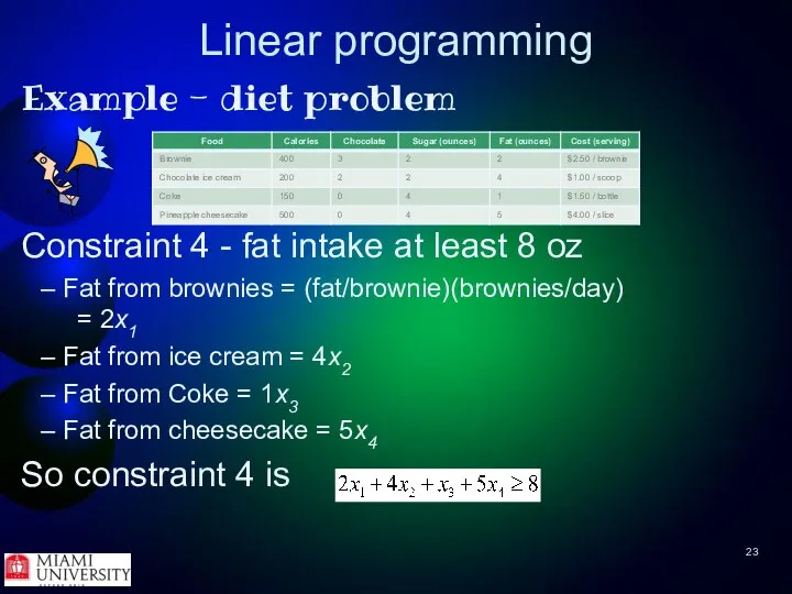 Linear programming Example - diet problem Constraint 4 - fat intake