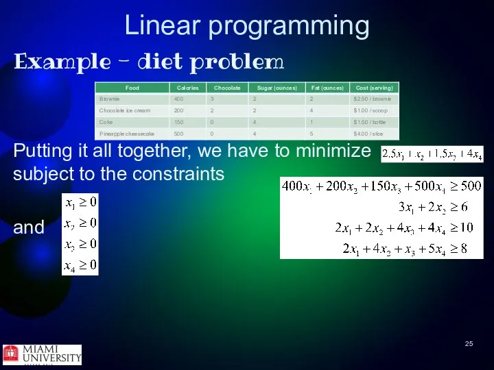 Linear programming Example - diet problem Putting it all together, we