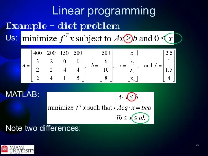 Linear programming Example - diet problem Us: MATLAB: Note two differences: