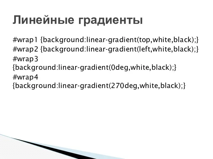#wrap1 {background:linear-gradient(top,white,black);} #wrap2 {background:linear-gradient(left,white,black);} #wrap3 {background:linear-gradient(0deg,white,black);} #wrap4 {background:linear-gradient(270deg,white,black);} Линейные градиенты