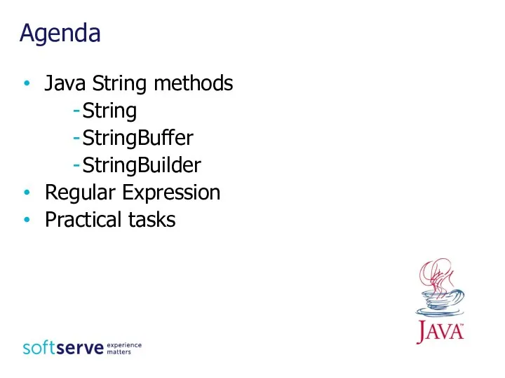 Java String methods String StringBuffer StringBuilder Regular Expression Practical tasks Agenda