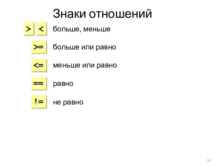 Знаки отношений > >= == != больше, меньше больше или равно
