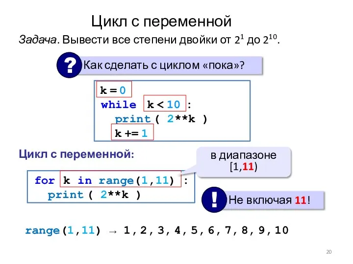 Цикл с переменной Задача. Вывести все степени двойки от 21 до