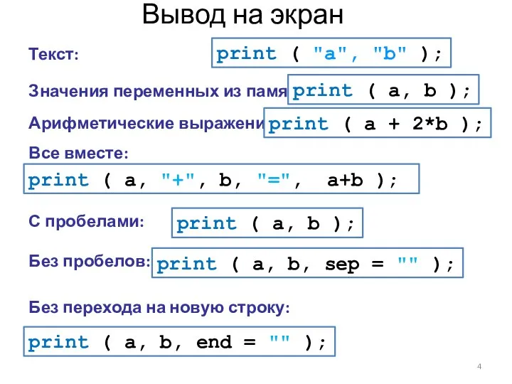 Вывод на экран Значения переменных из памяти: Текст: print ( "a",