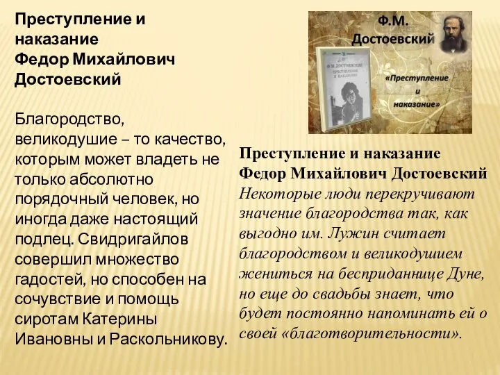 Преступление и наказание Федор Михайлович Достоевский Благородство, великодушие – то качество,