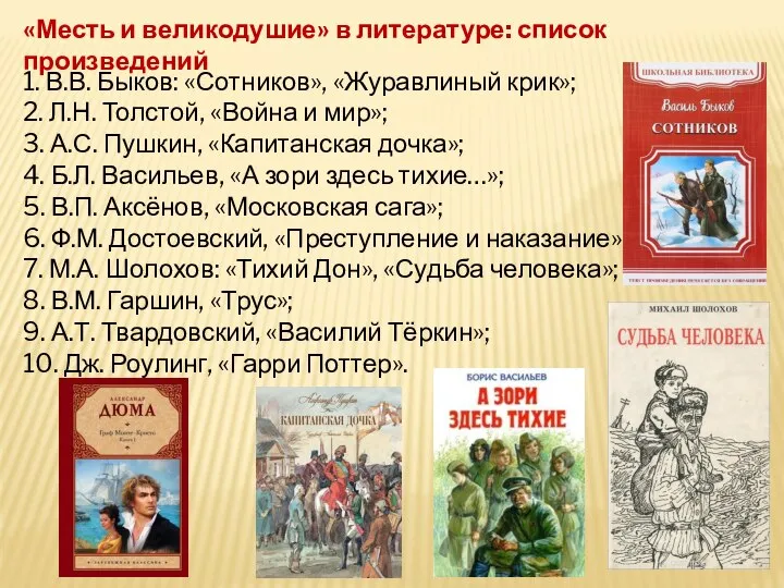 «Месть и великодушие» в литературе: список произведений 1. В.В. Быков: «Сотников»,