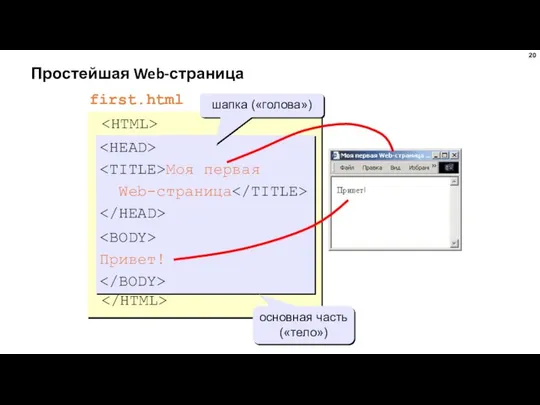 Простейшая Web-страница Моя первая Web-страница Привет! first.html Моя первая Web-страница шапка («голова») Привет! основная часть («тело»)