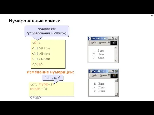 Нумерованные списки Вася Петя Коля ordered list (упорядоченный список) изменение нумерации: