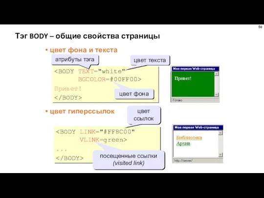 Тэг BODY – общие свойства страницы цвет фона и текста цвет