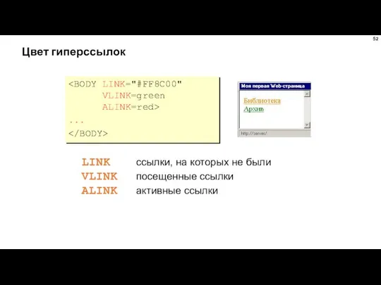 Цвет гиперссылок ... LINK ссылки, на которых не были VLINK посещенные ссылки ALINK активные ссылки