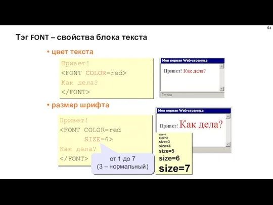 Тэг FONT – свойства блока текста цвет текста размер шрифта Привет!