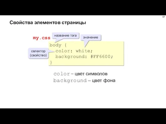 Свойства элементов страницы body { color: white; background: #FF6600; } название